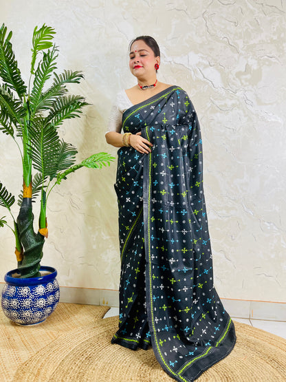 Black Gujarati stitch saree on Bangalore silk, full drape with Kutch embroidery