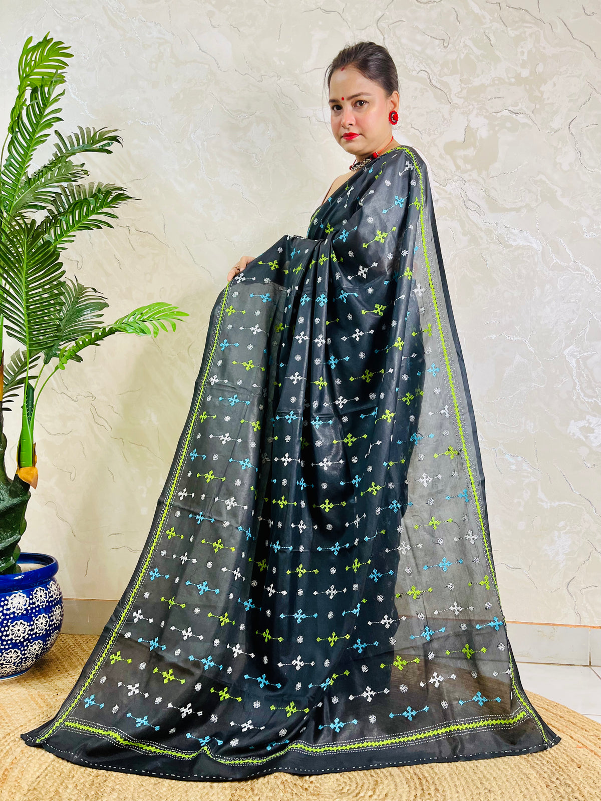Black Gujarati stitch saree on Bangalore silk, full drape with Kutch embroidery