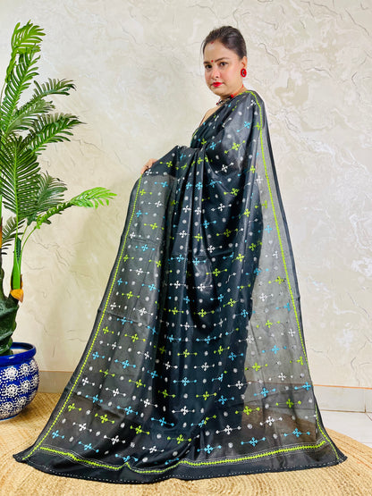 Black Gujarati stitch saree on Bangalore silk, full drape with Kutch embroidery