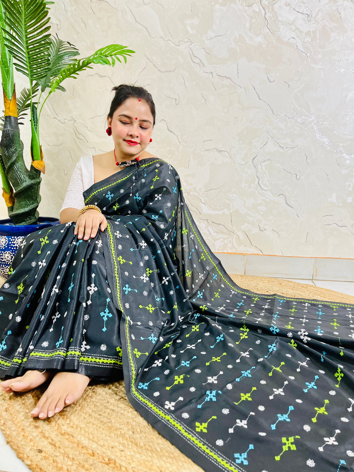 Black Gujarati Stitch Saree on Blended Bangalore Silk | Handwoven Kutch Embroidery