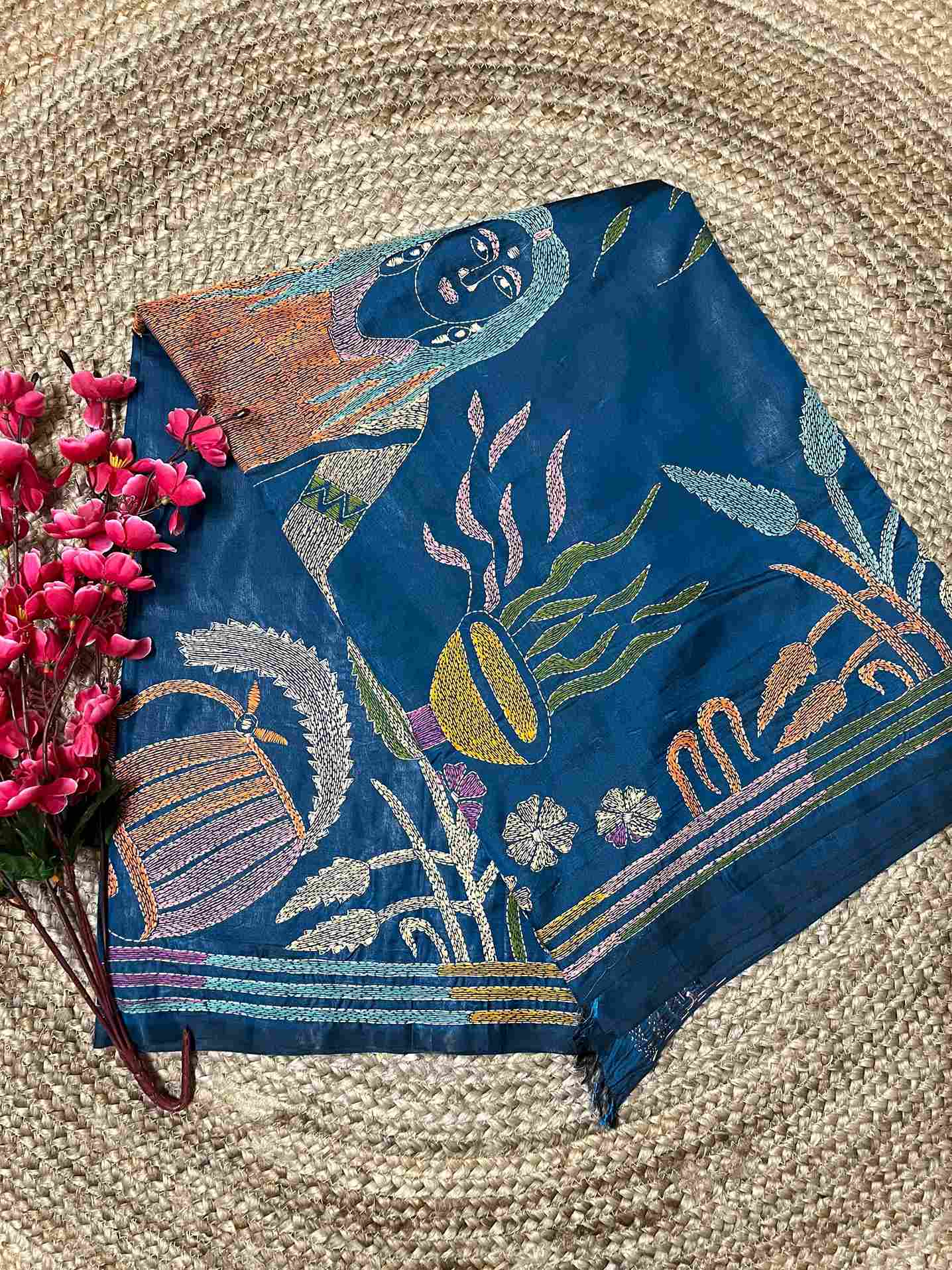 Kantha Stitch Saree – Human Motif on Peacock Blue Bangalore Silk
