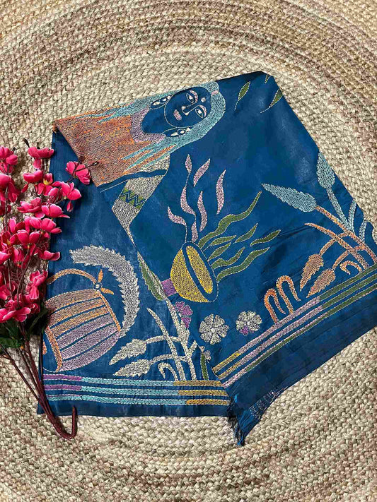 Kantha Stitch Saree – Human Motif on Peacock Blue Bangalore Silk