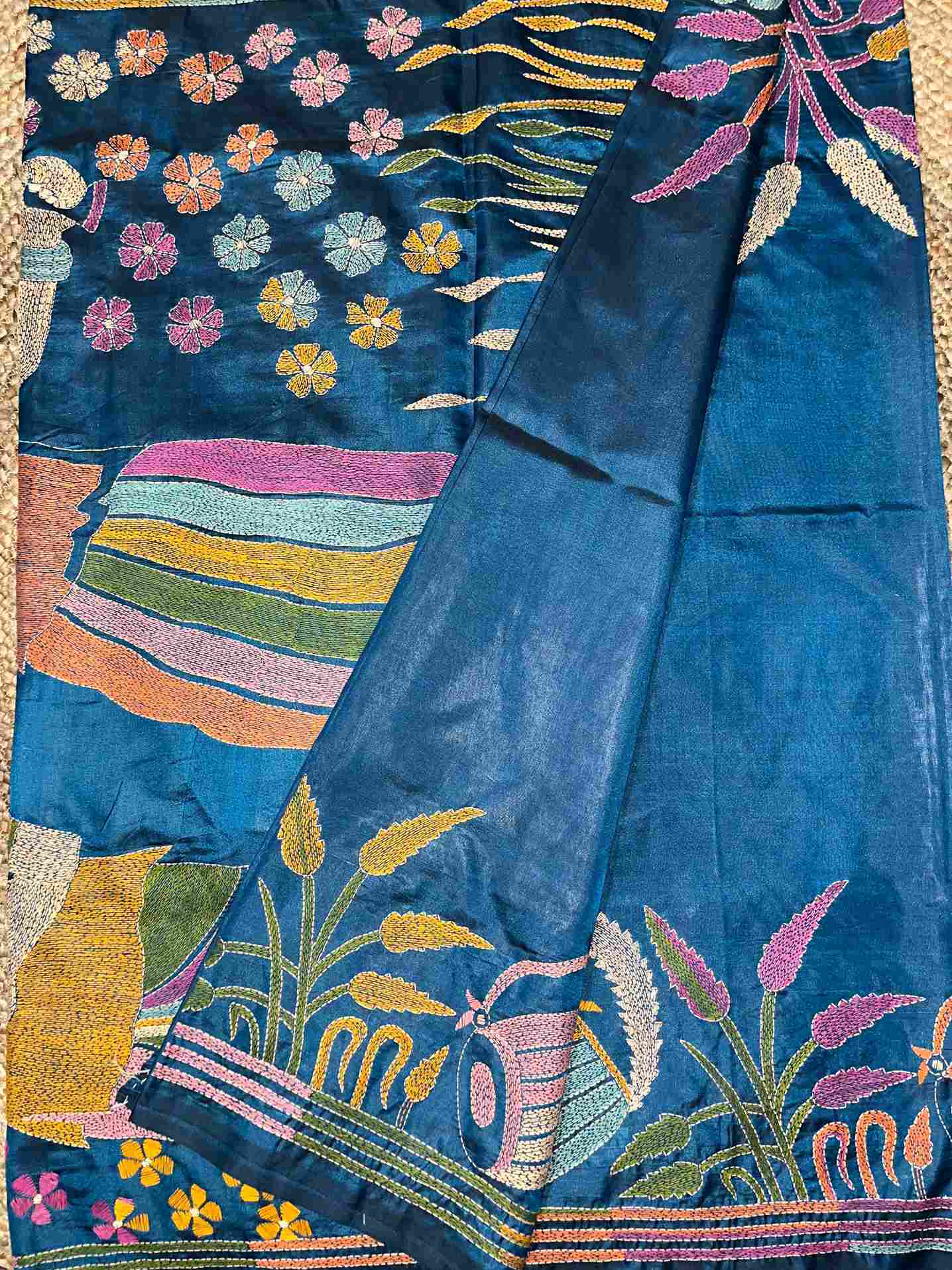 Traditional Saree Look – Handwoven Kantha Embroidery with Village Motifs