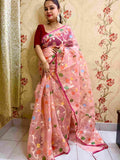 Peach Resham Silk Muslin Saree with Jamdani handloom weave by Desi Aadat