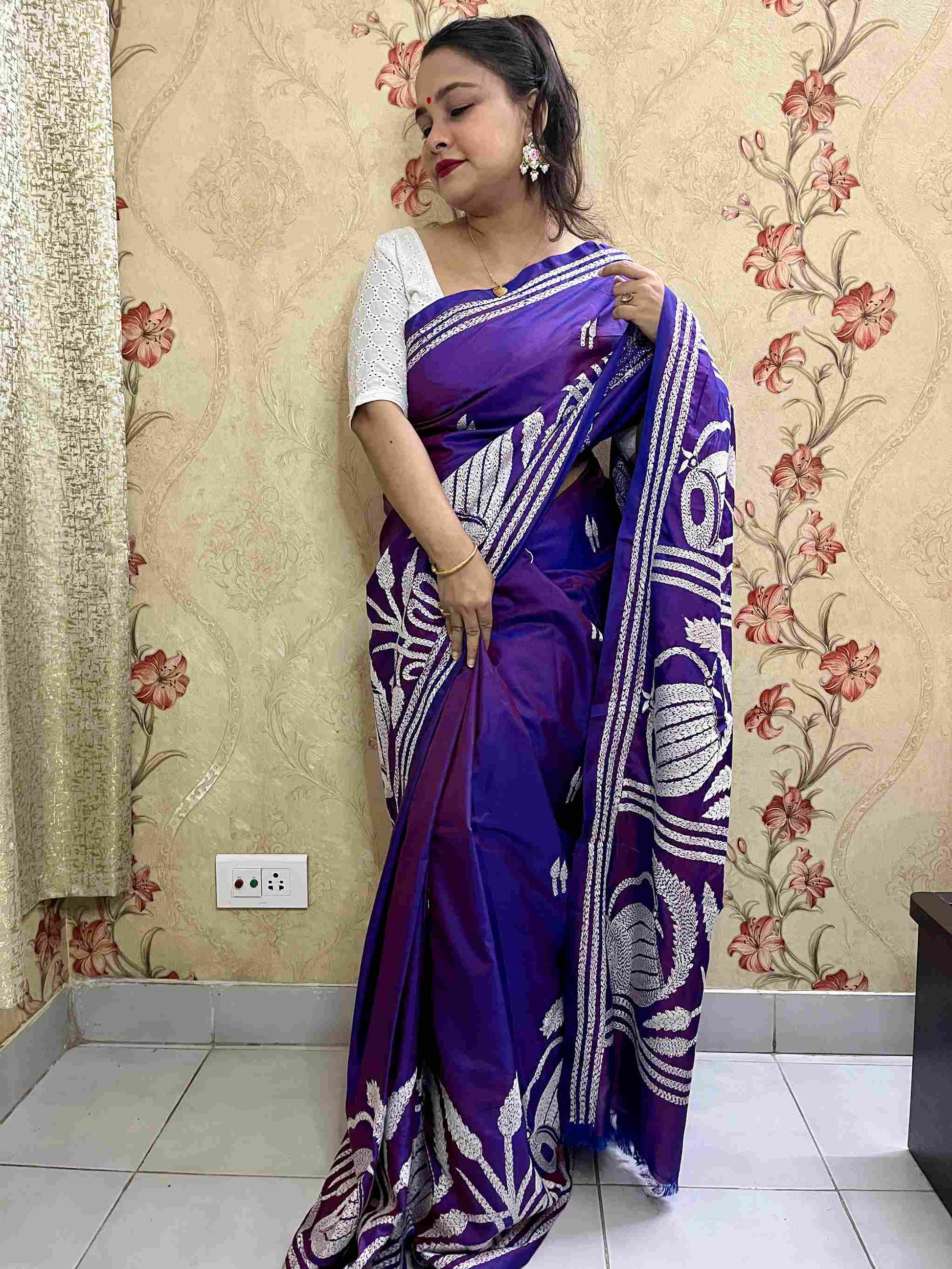 Traditional Saree Look – Handwoven Kantha Embroidered Saree with Floral Motifs