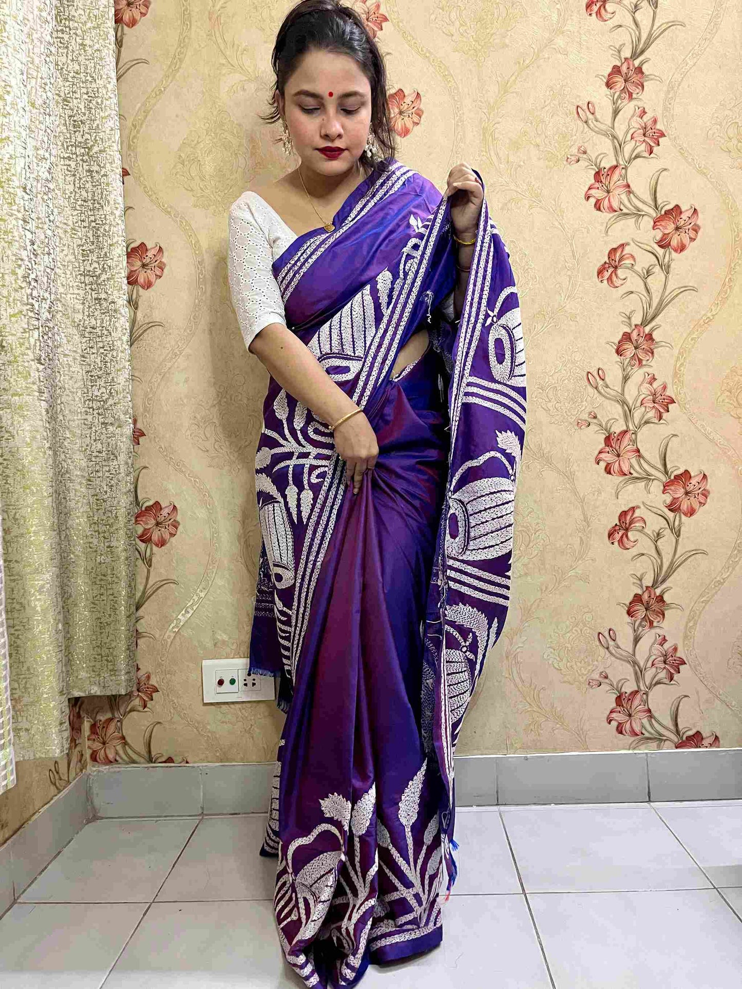 Kantha Stitch Saree – Kash Phul & Dhak Motif on Bangalore Silk