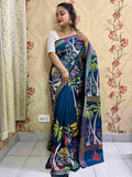 Kantha Stitch Saree – Peacock Blue Bangalore Silk with Boat & Village Motif