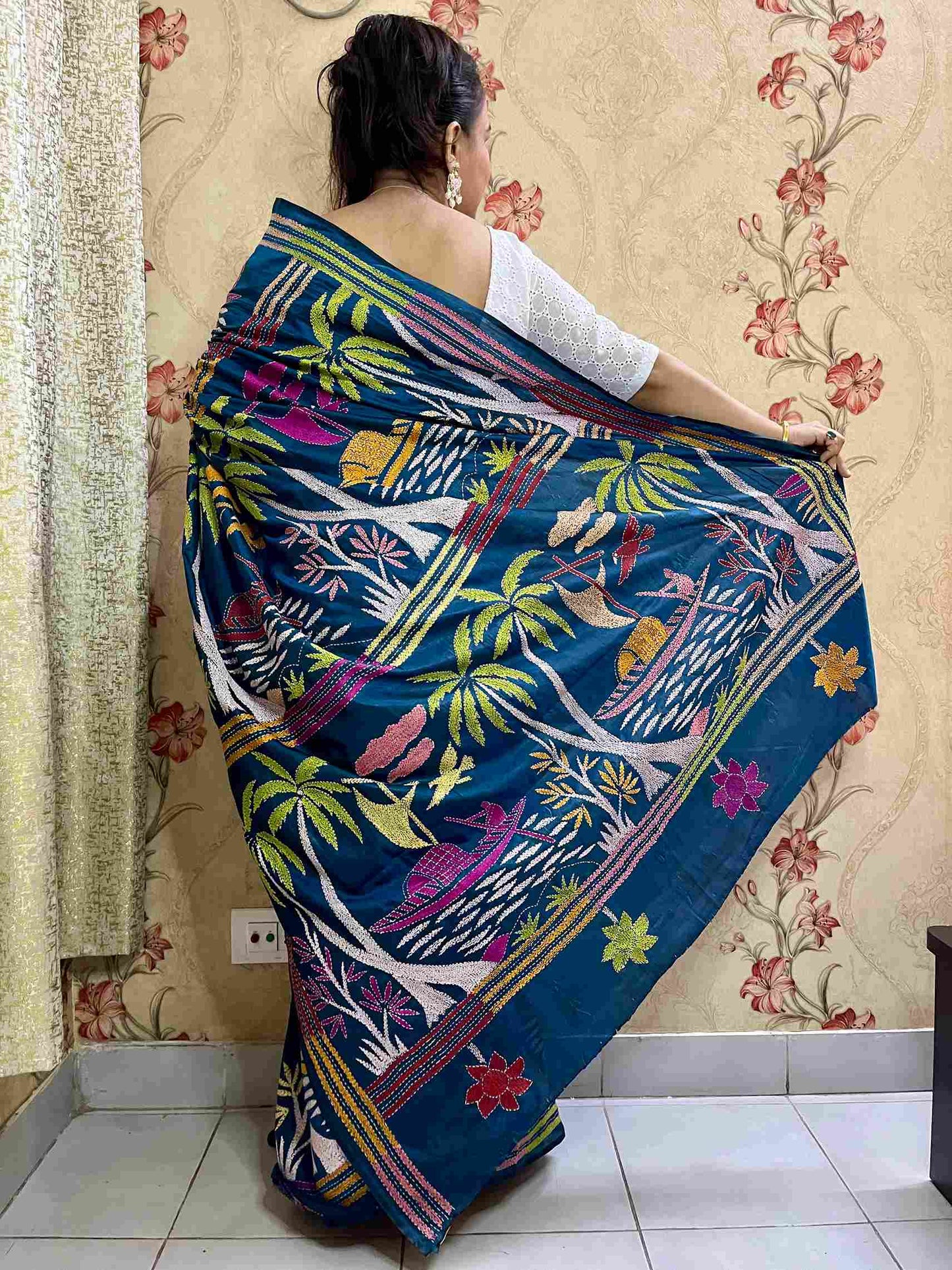 Traditional Saree Look – Handwoven Kantha Embroidered Saree with Rural Motifs