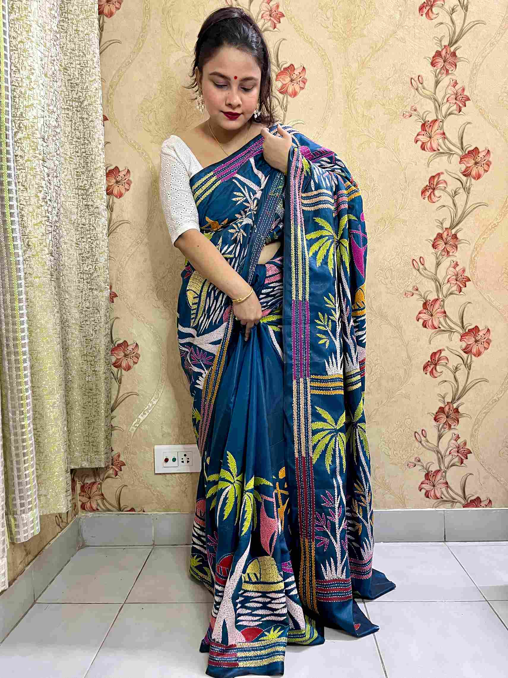 Best Ethnic Wear for Women – Stunning Peacock Blue Kantha Stitch Saree