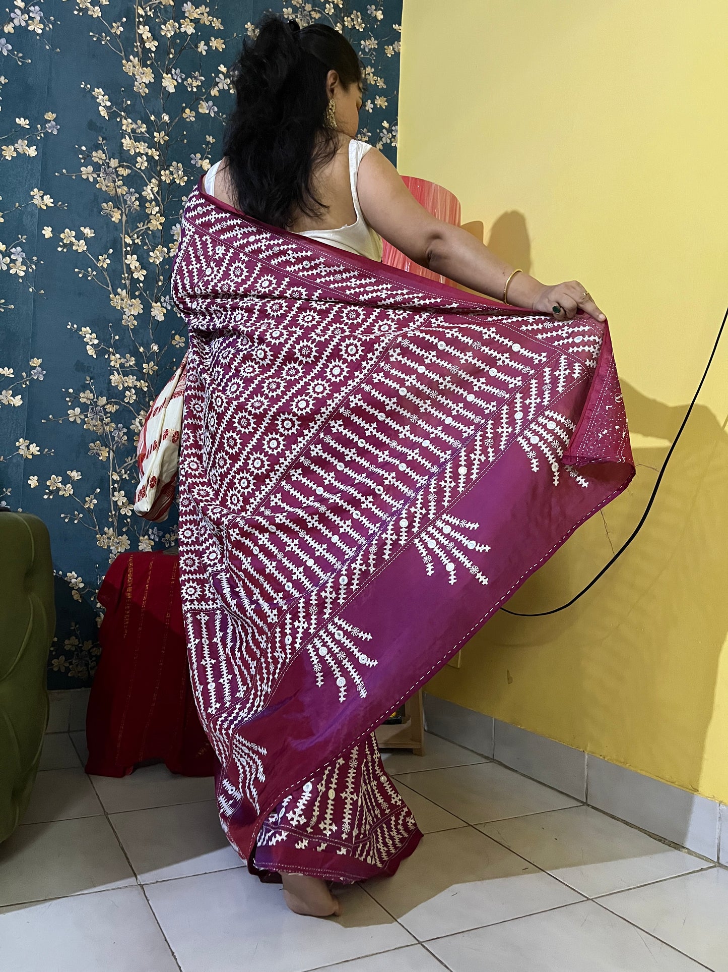 Wine red Gujarati Stitch Saree with precise Kutch geometric hand embroidery and mirror work by Desi Aadat