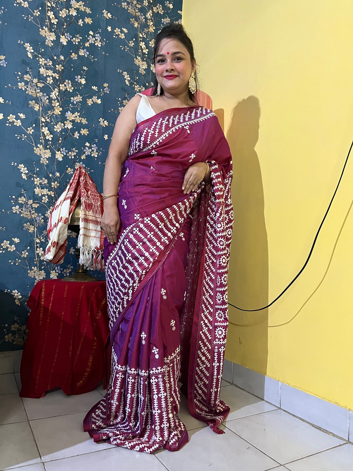 Wine red Gujarati Stitch Saree with precise Kutch geometric hand embroidery and mirror work by Desi Aadat