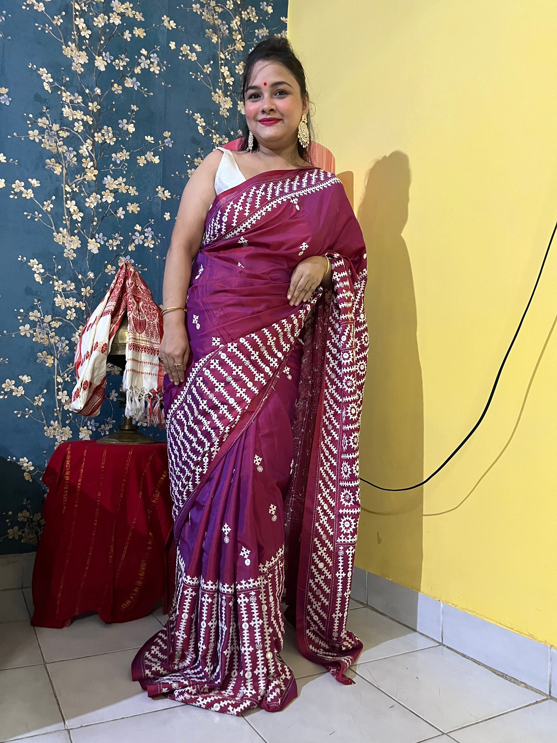 Wine red Gujarati Stitch Saree with precise Kutch geometric hand embroidery and mirror work by Desi Aadat