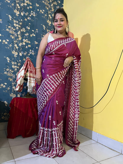 Wine red Gujarati Stitch Saree with precise Kutch geometric hand embroidery and mirror work by Desi Aadat