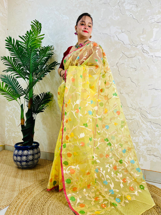 A woman models a yellow organza saree with colorful floral embroidery, standing next to a potted palm tree against a textured beige wall.