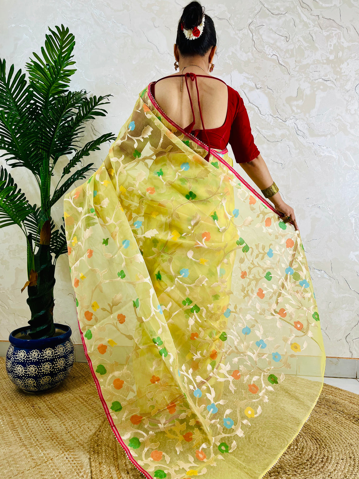 A woman shown from behind wearing a light yellow saree with colorful floral embroidery and a red blouse, standing indoors next to a potted plant against a textured wall.
