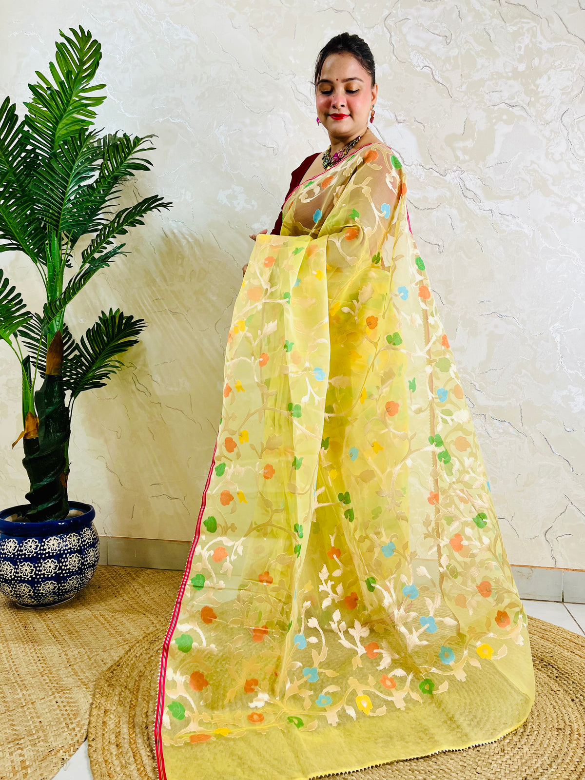 A woman wearing a sheer yellow saree with colorful embroidered motifs and a red border, standing indoors next to a potted plant.