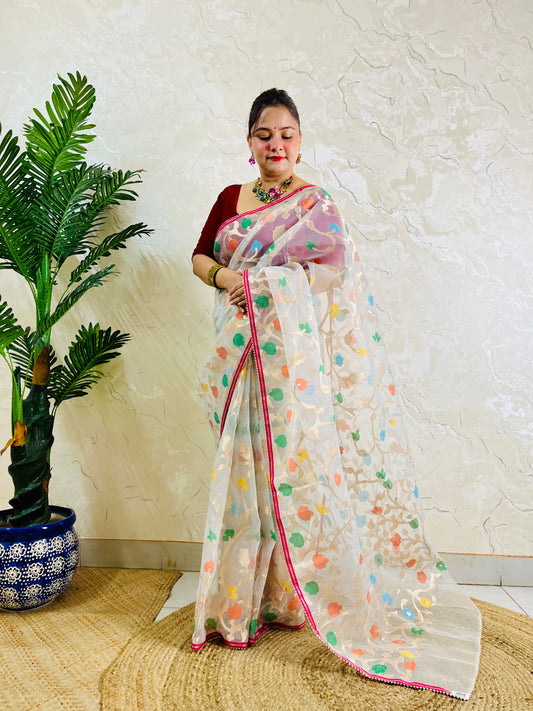 A woman wearing a semi-sheer white saree with colorful floral patterns and a red blouse, standing in front of a textured cream wall next to a potted green plant.
