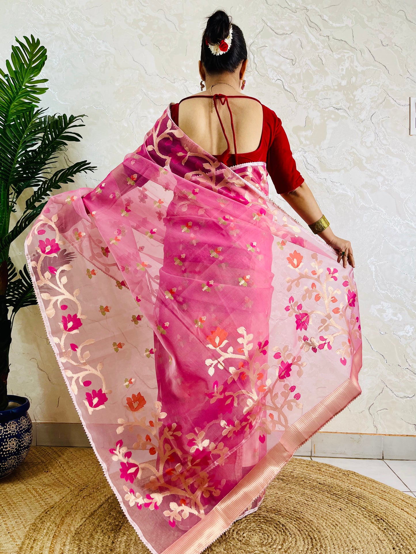 Baby Pink Resham Silk Muslin Handloom Jamdani Saree