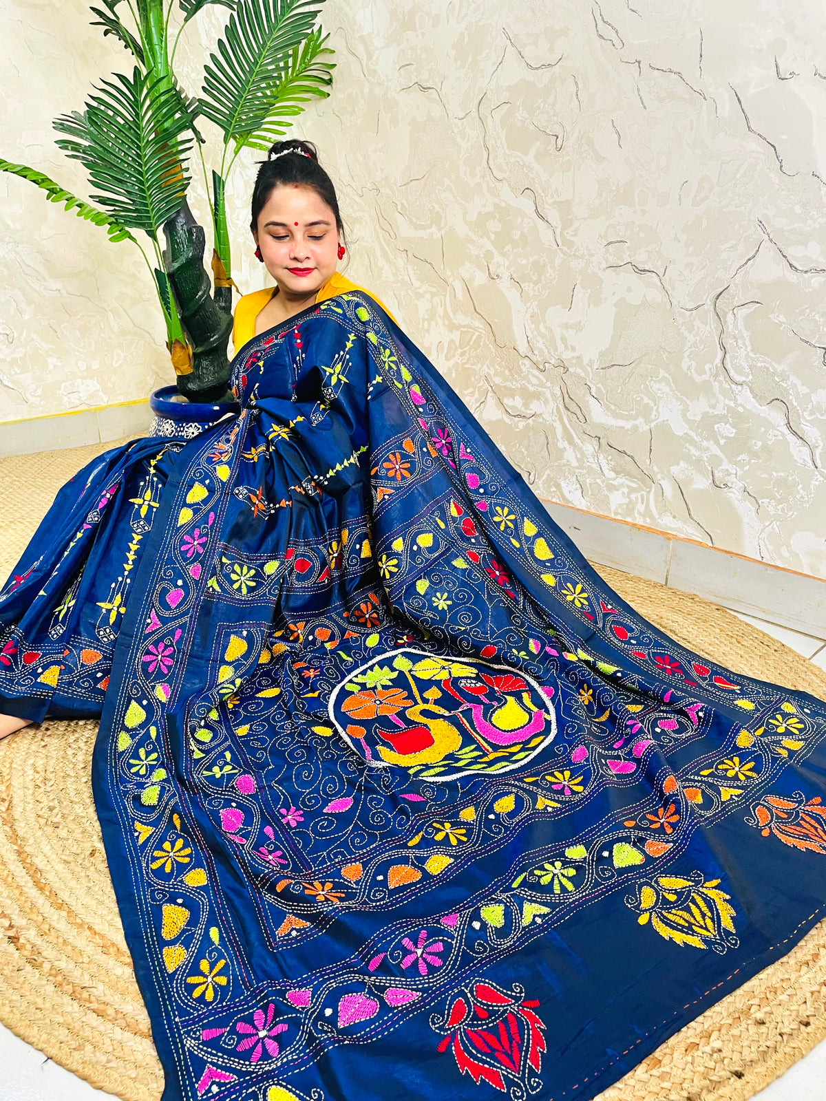 Ink blue Kantha saree with swan medallion motif, seated pallu detail view
