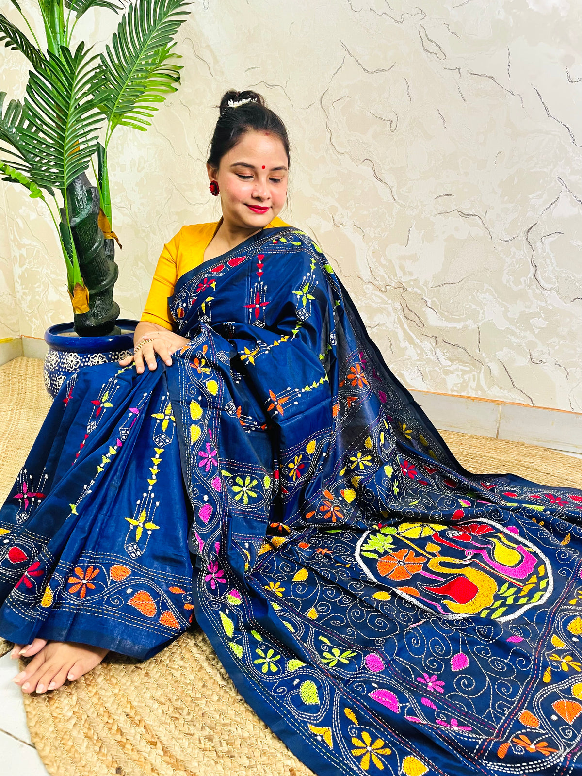 Ink blue Kantha saree with swan medallion motif, seated pallu detail view