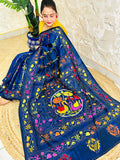 Ink blue Kantha saree with swan medallion motif, seated pallu detail view