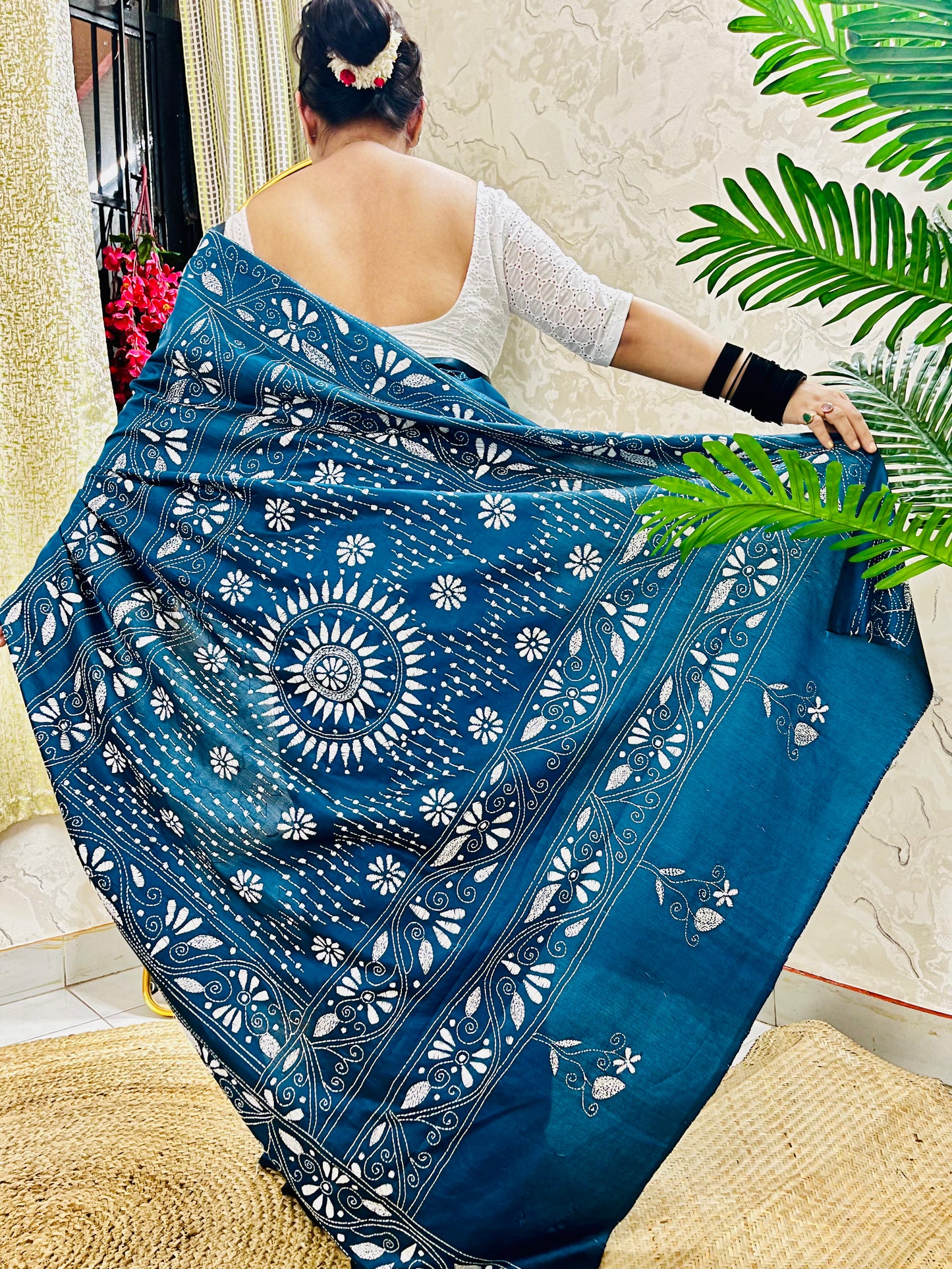 Desi Aadat Kantha Stitch Saree in Peacock Blue Blended Bangalore Silk with bird motifs – handwoven beauty