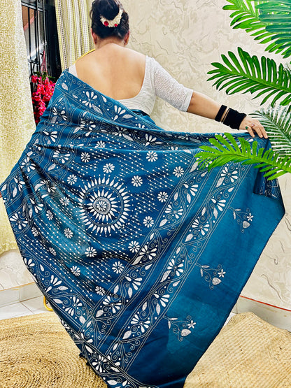 Desi Aadat Kantha Stitch Saree in Peacock Blue Blended Bangalore Silk with bird motifs – handwoven beauty