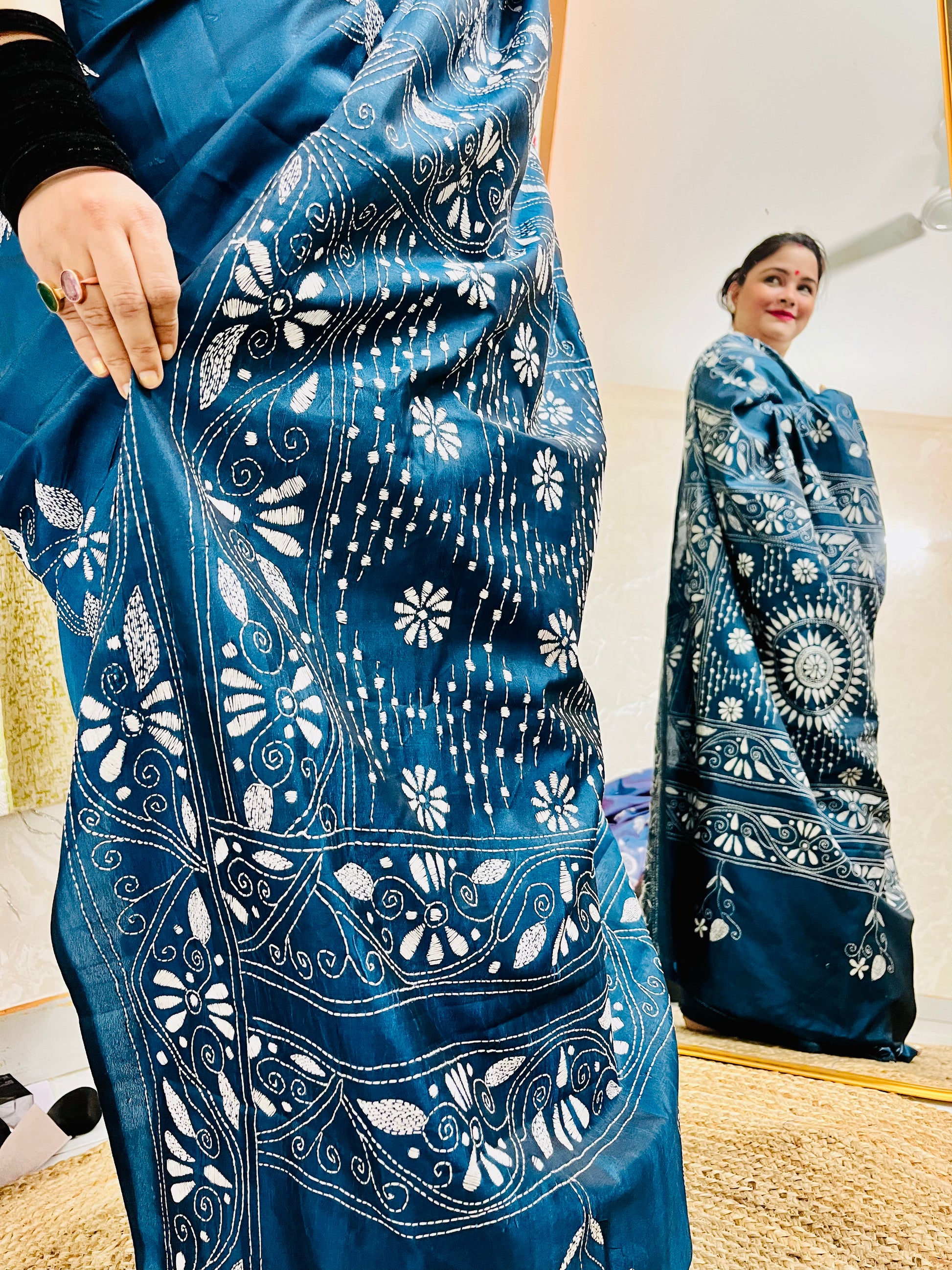 Desi Aadat Kantha Stitch Saree in Peacock Blue Blended Bangalore Silk with bird motifs – handwoven beauty