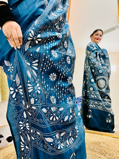 Desi Aadat Kantha Stitch Saree in Peacock Blue Blended Bangalore Silk with bird motifs – handwoven beauty