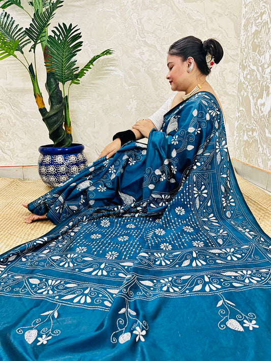 Desi Aadat Kantha Stitch Saree in Peacock Blue Blended Bangalore Silk with bird motifs – handwoven beauty