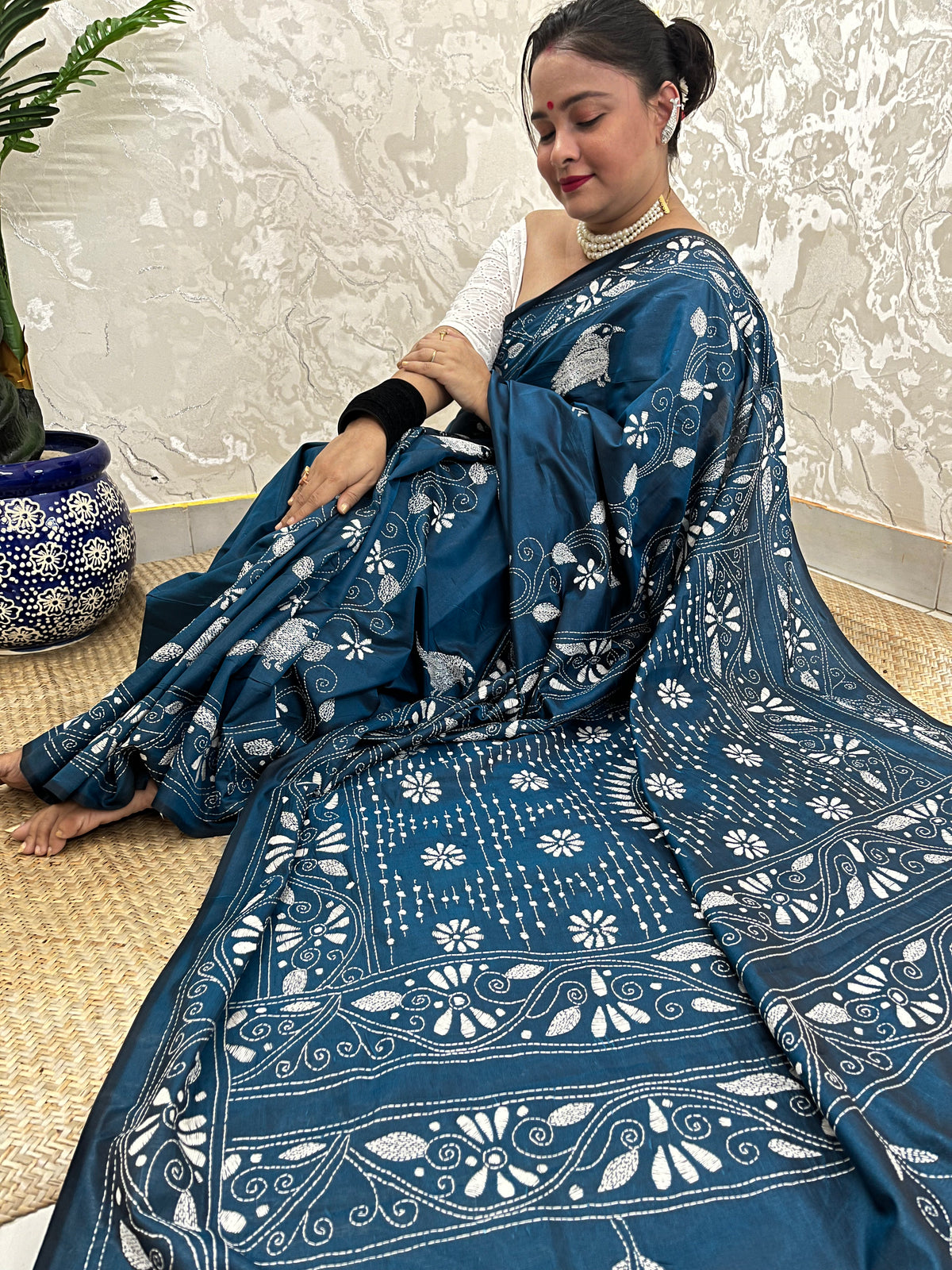 Desi Aadat Kantha Stitch Saree in Peacock Blue Blended Bangalore Silk with bird motifs – handwoven beauty