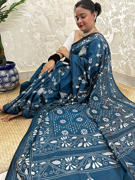 Desi Aadat Kantha Stitch Saree in Peacock Blue Blended Bangalore Silk with bird motifs – handwoven beauty