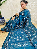 Desi Aadat Kantha Stitch Saree in Peacock Blue Blended Bangalore Silk with bird motifs – handwoven beauty