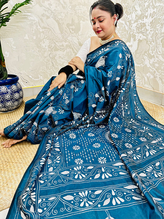 Desi Aadat Kantha Stitch Saree in Peacock Blue Blended Bangalore Silk with bird motifs – handwoven beauty