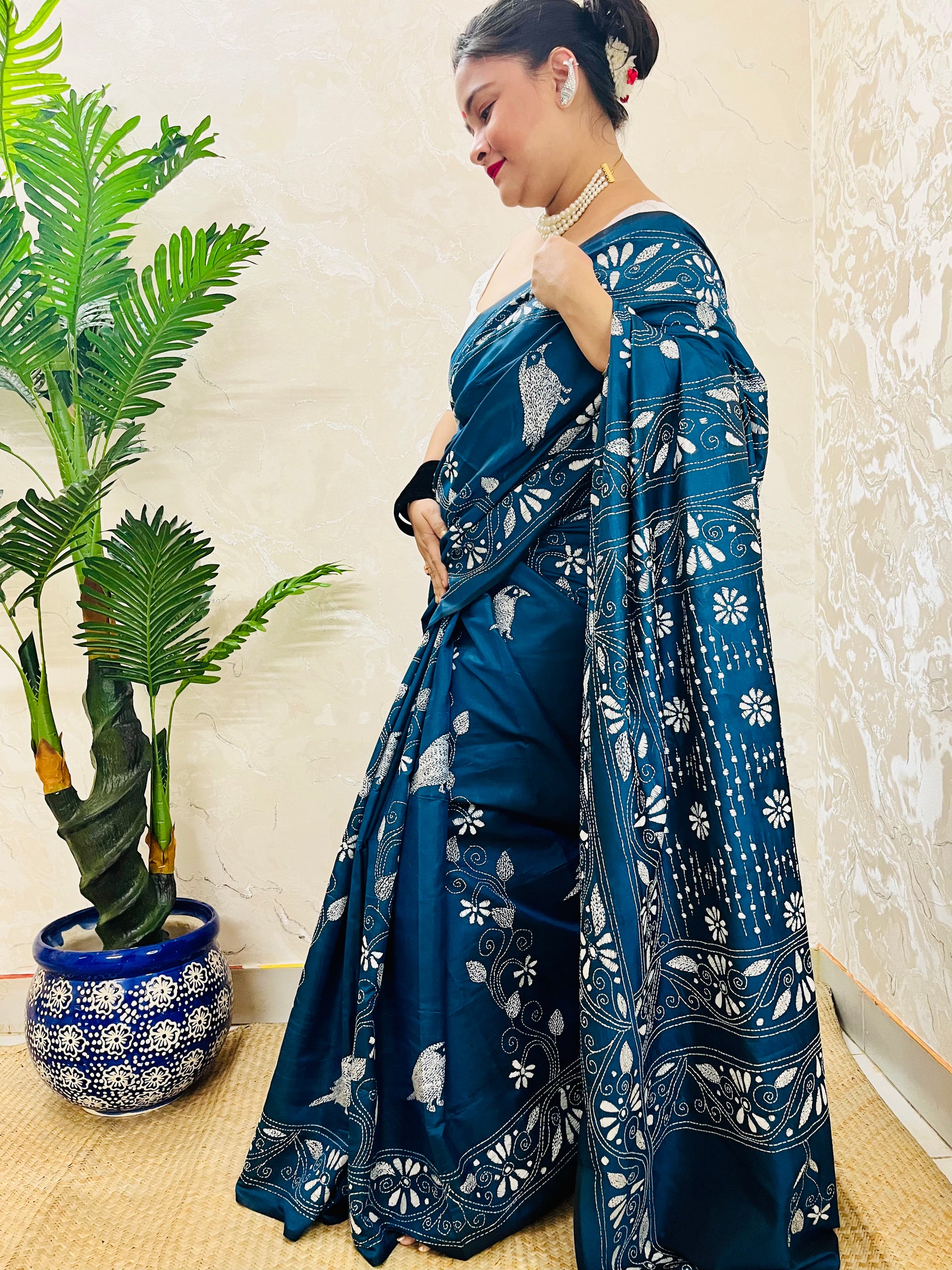 Desi Aadat Kantha Stitch Saree in Peacock Blue Blended Bangalore Silk with bird motifs – handwoven beauty