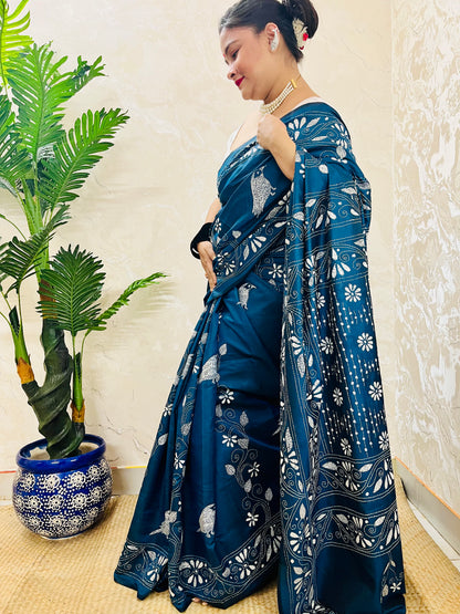 Desi Aadat Kantha Stitch Saree in Peacock Blue Blended Bangalore Silk with bird motifs – handwoven beauty