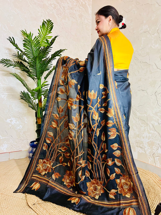 Kantha Stitch Saree – Black Bangalore Silk with Handwoven Embroidery