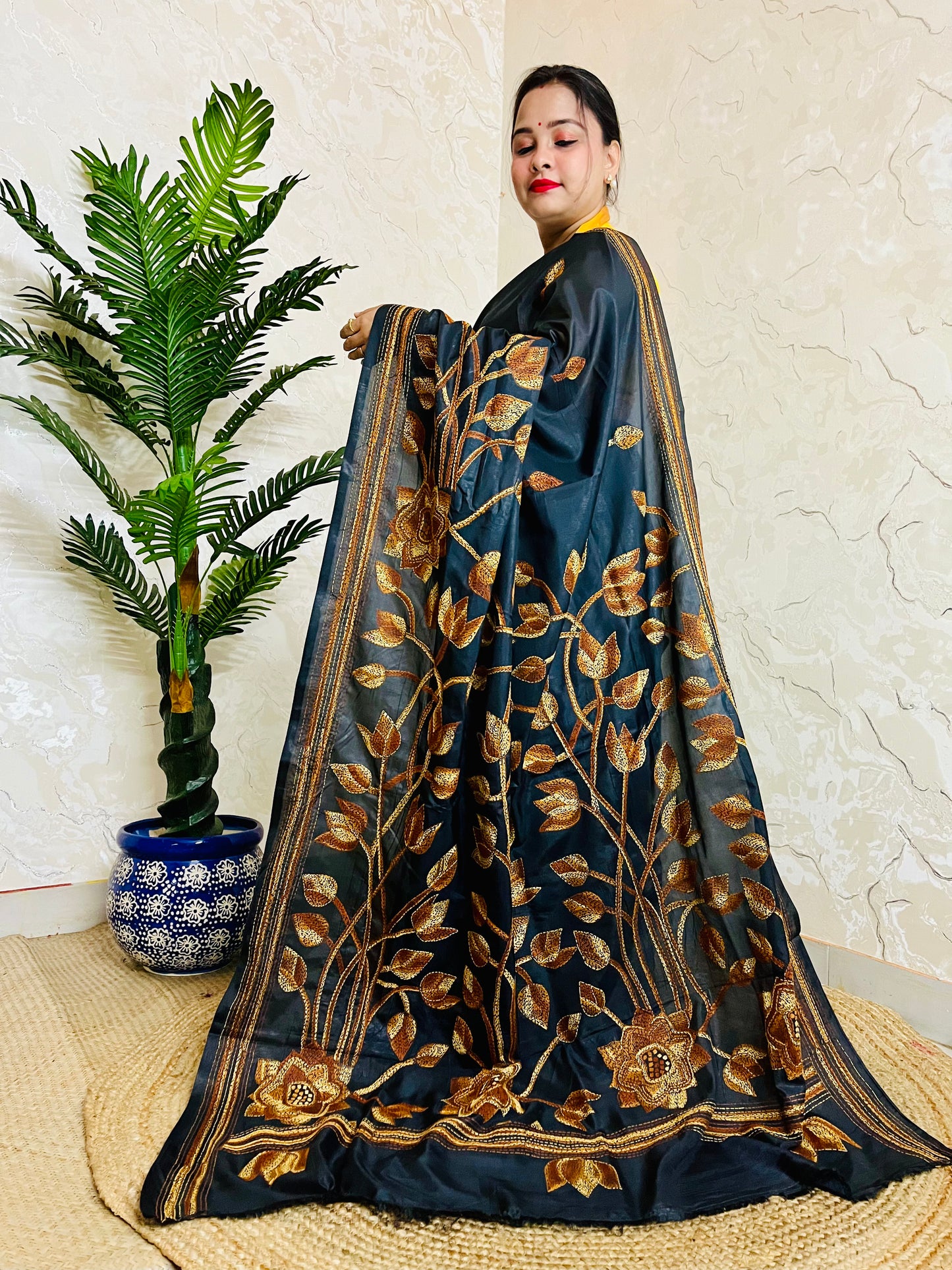 Kantha Stitch Saree – Black Bangalore Silk with Handwoven Embroidery