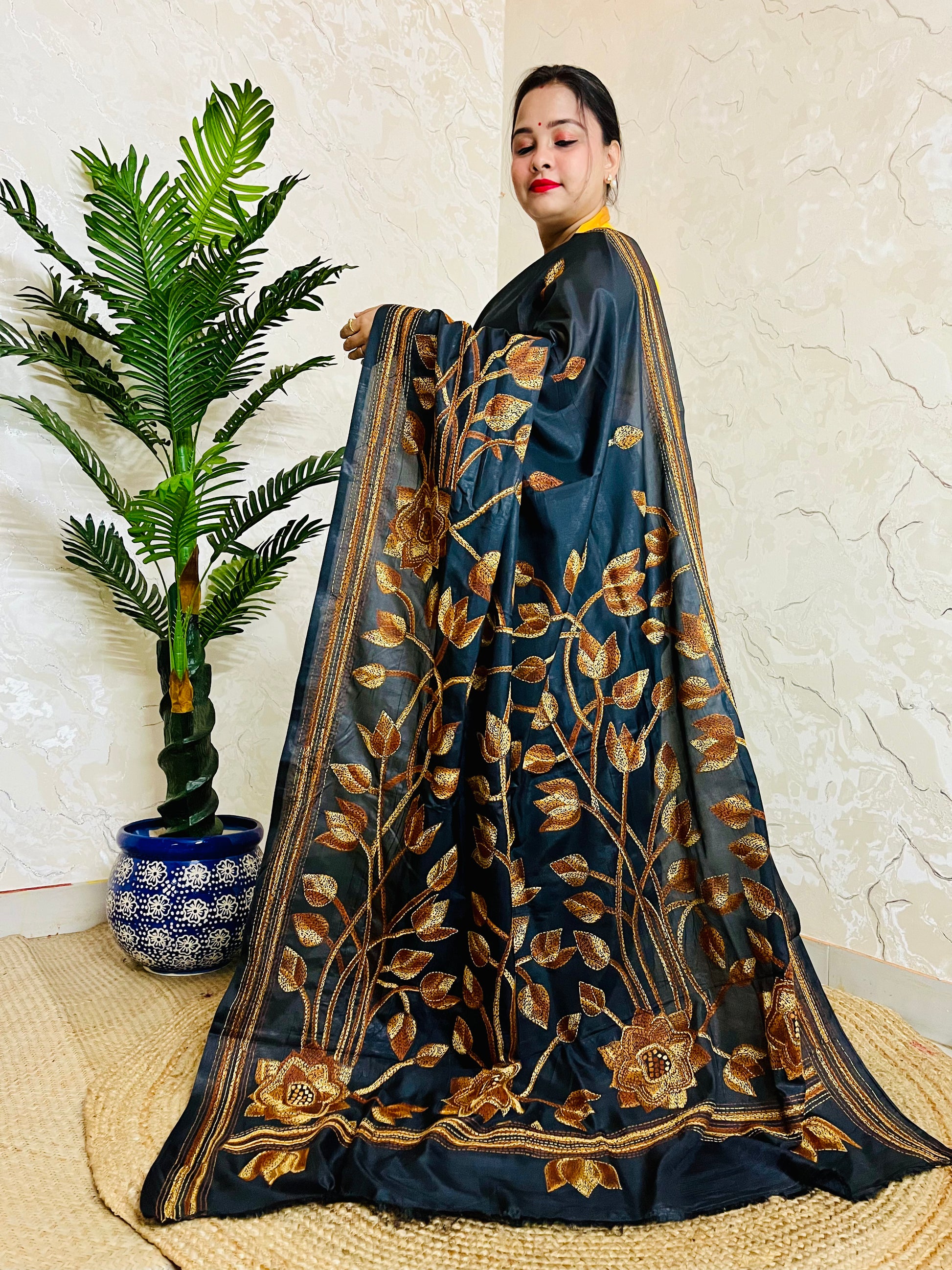 Kantha Stitch Saree – Black Bangalore Silk with Handwoven Embroidery