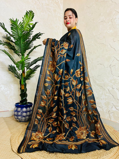 Kantha Stitch Saree – Black Bangalore Silk with Handwoven Embroidery