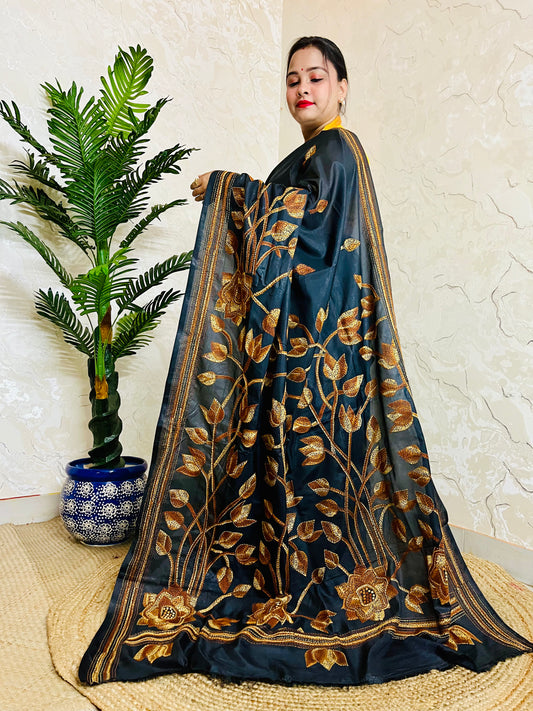 Kantha Stitch Saree – Black Bangalore Silk with Handwoven Embroidery