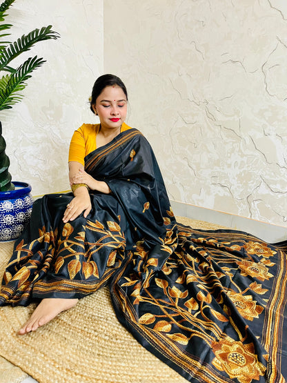 Kantha Stitch Saree – Black Bangalore Silk with Handwoven Embroidery