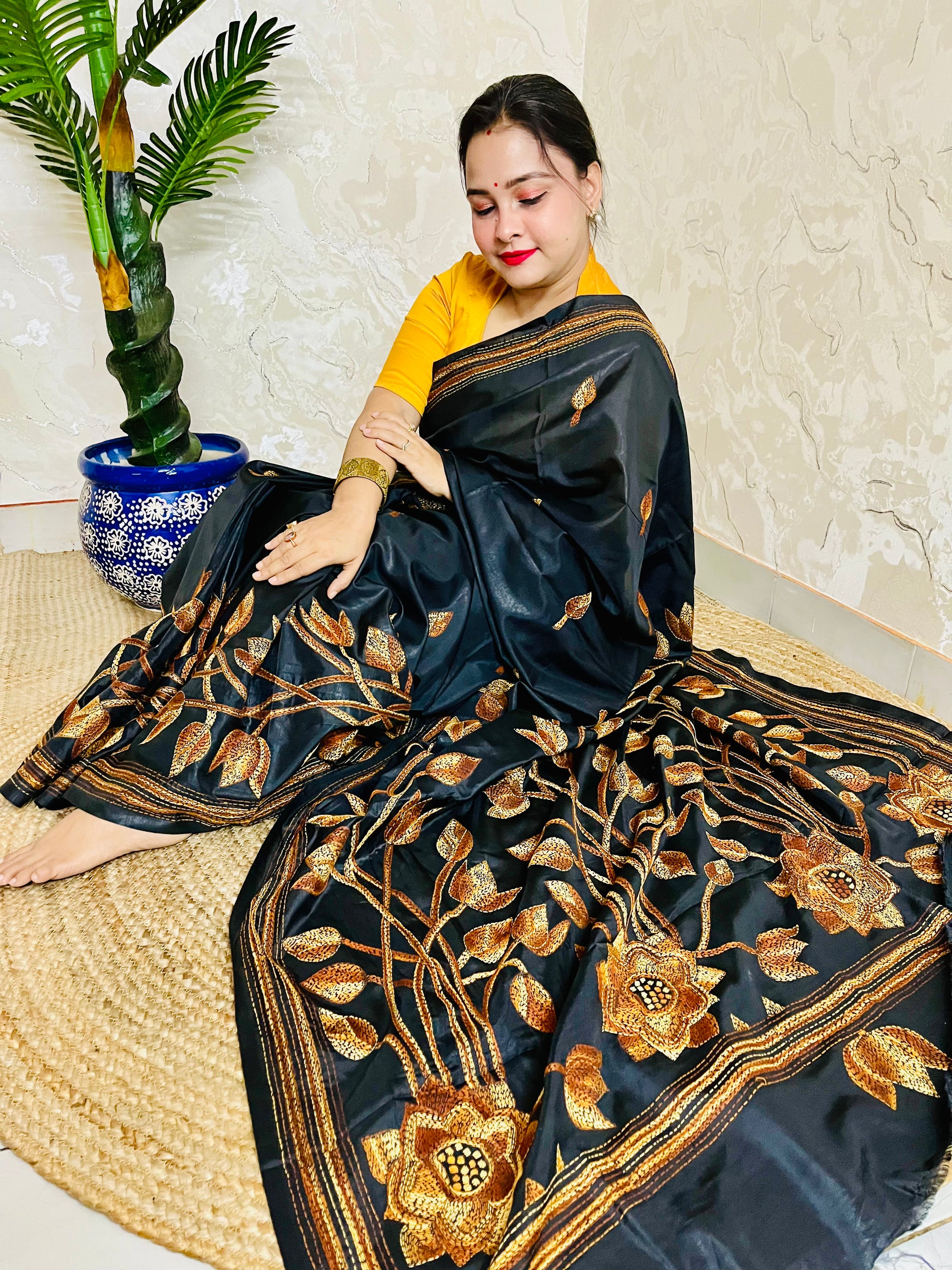 Kantha Stitch Saree – Black Bangalore Silk with Handwoven Embroidery