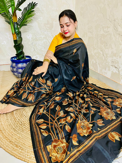 Kantha Stitch Saree – Black Bangalore Silk with Handwoven Embroidery
