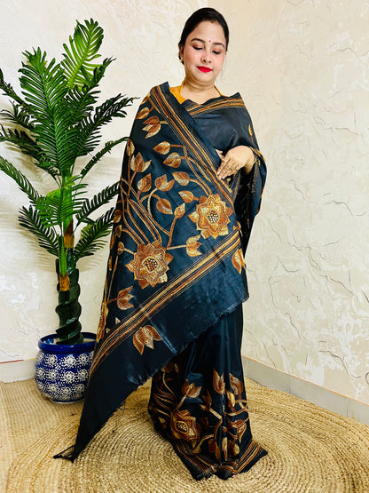 Kantha Stitch Saree – Black Bangalore Silk with Handwoven Embroidery