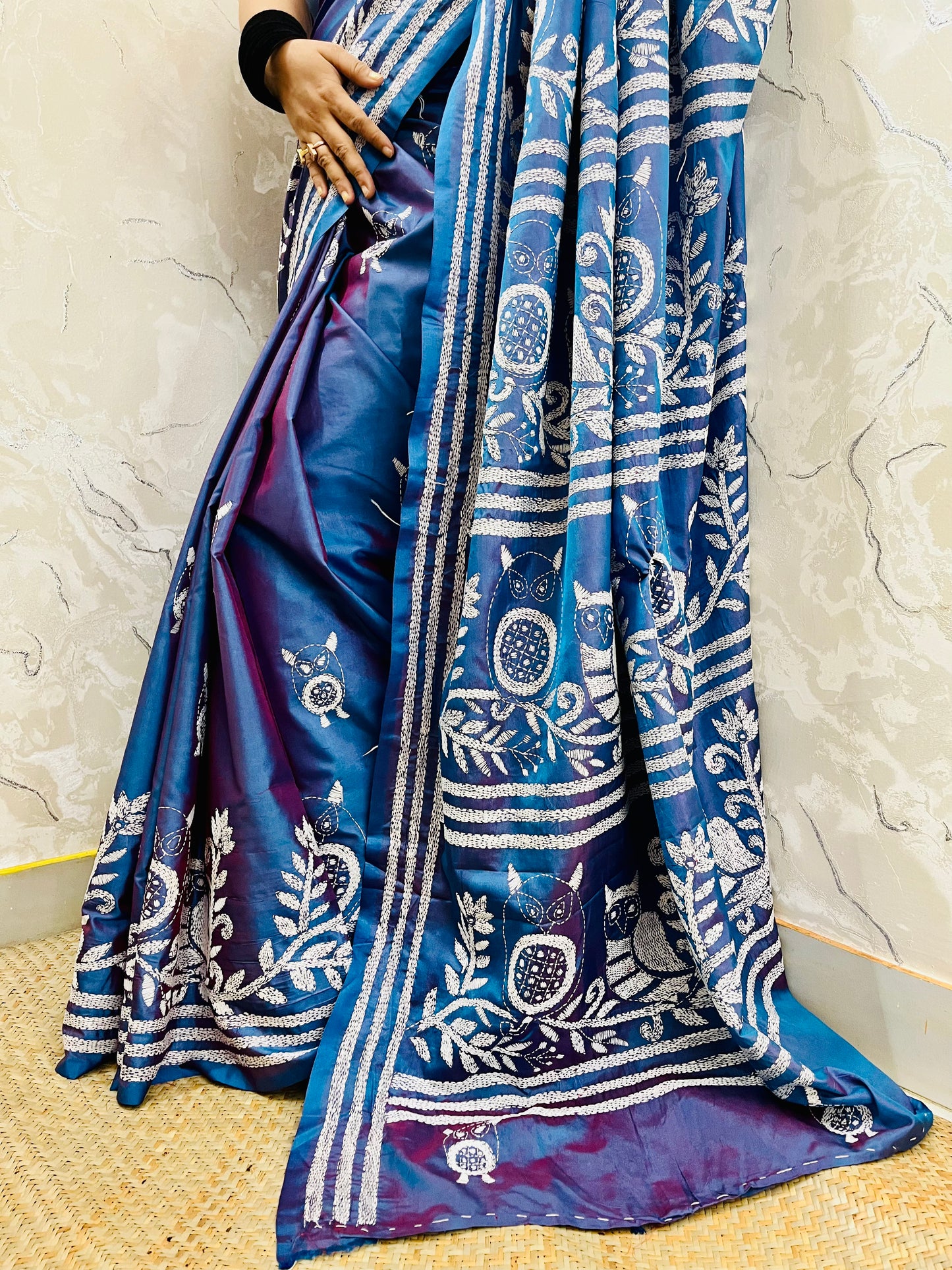 Desi Aadat Kantha Stitch Saree in Blue Blended Bangalore Silk with owl motif & dual tone – handwoven elegance