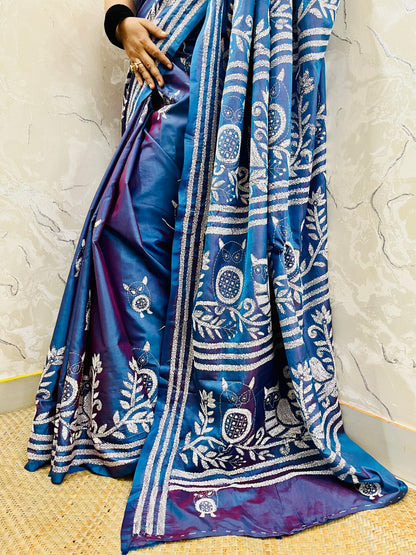 Desi Aadat Kantha Stitch Saree in Blue Blended Bangalore Silk with owl motif & dual tone – handwoven elegance