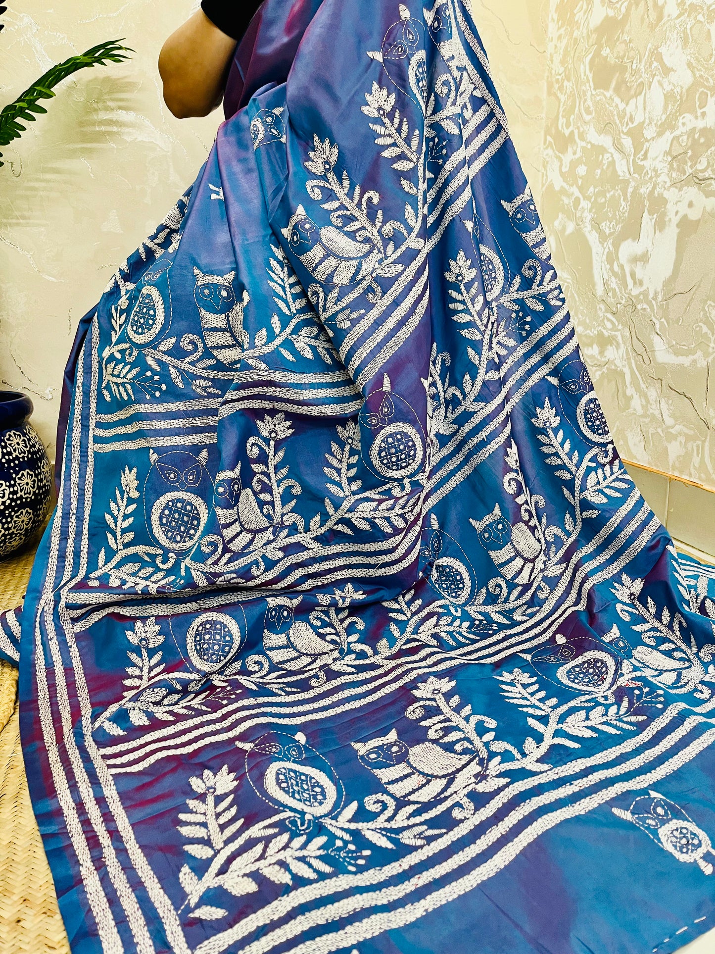 Desi Aadat Kantha Stitch Saree in Blue Blended Bangalore Silk with owl motif & dual tone – handwoven elegance