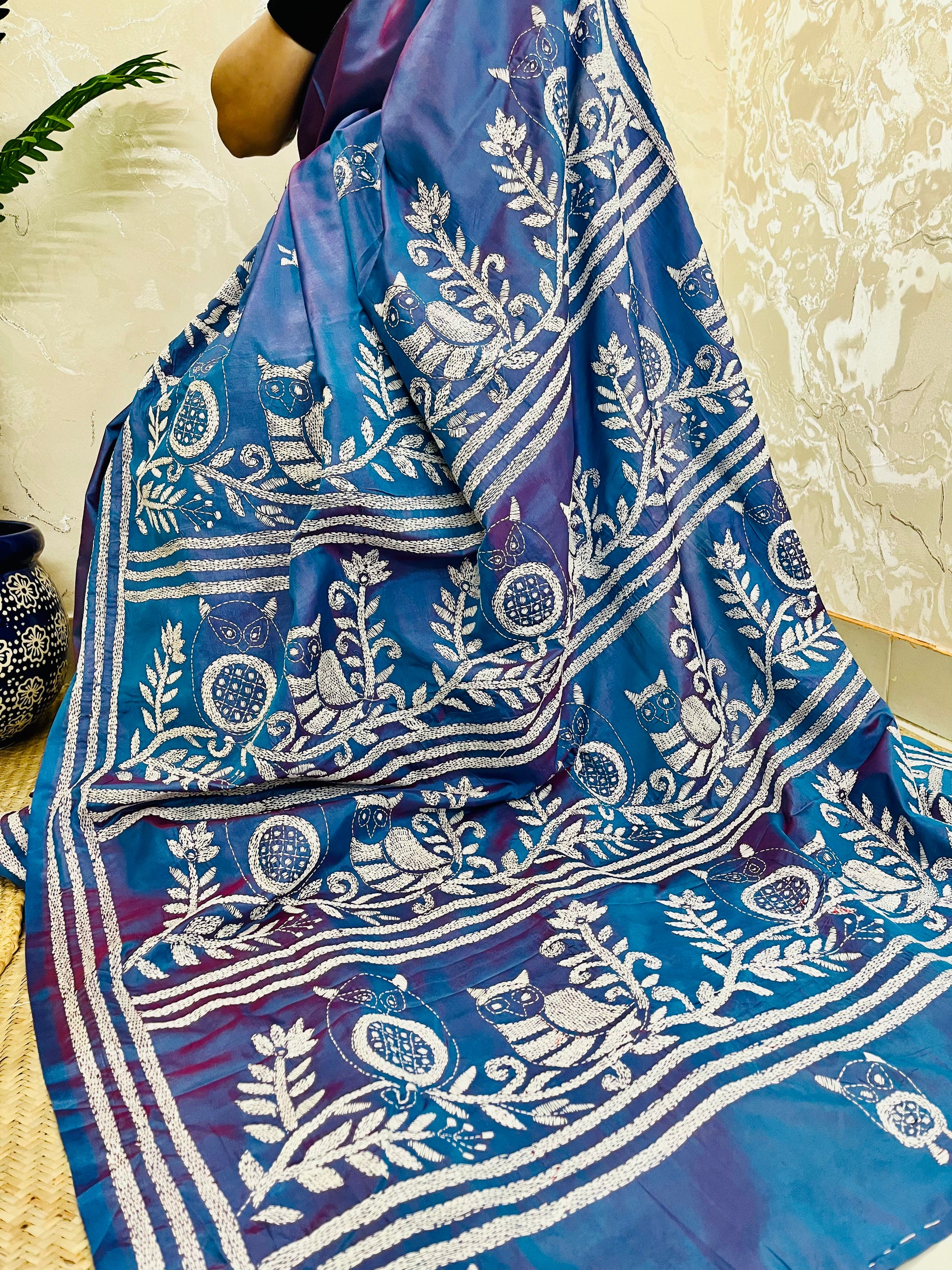 Desi Aadat Kantha Stitch Saree in Blue Blended Bangalore Silk with owl motif & dual tone – handwoven elegance