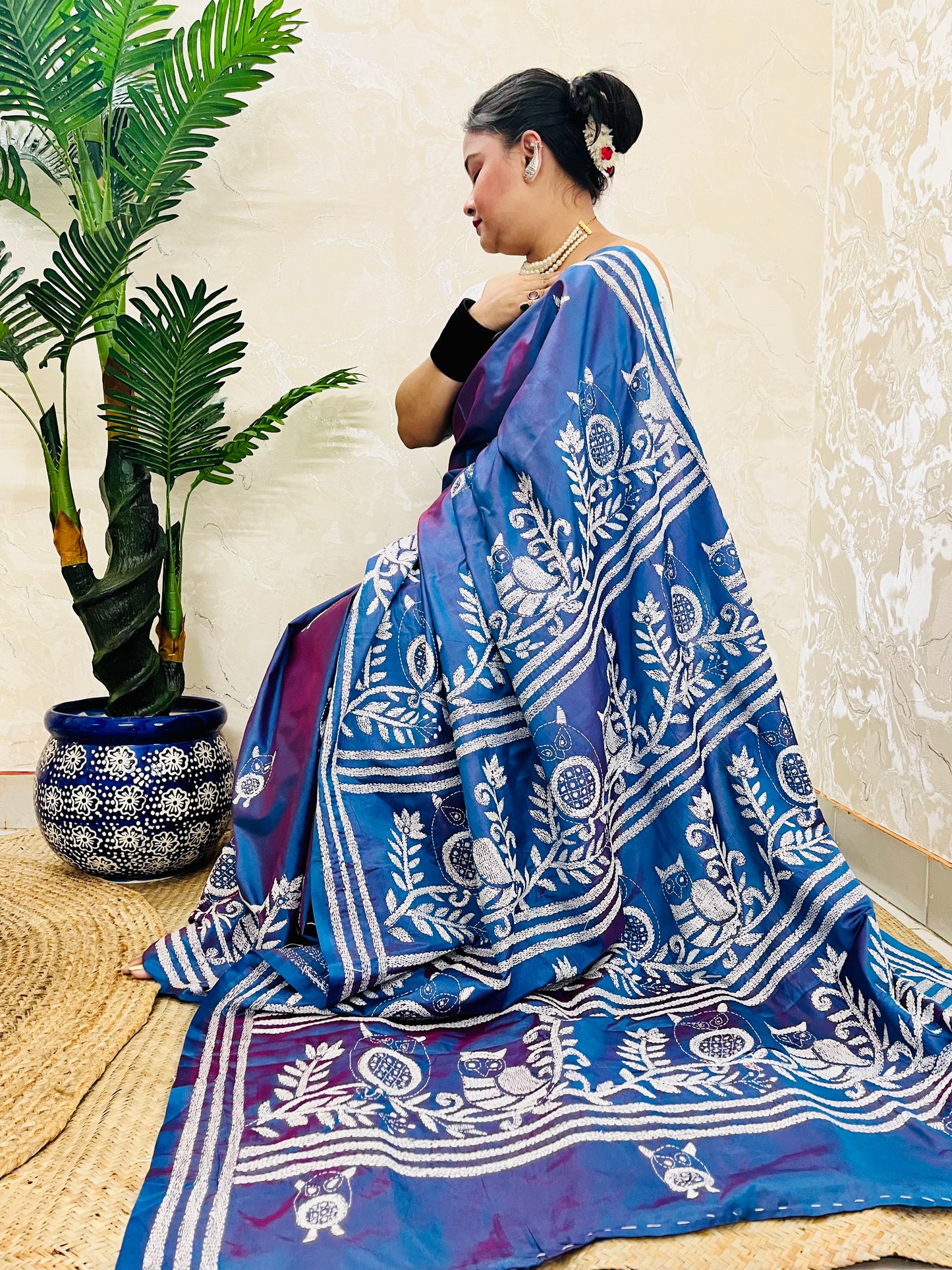 Desi Aadat Kantha Stitch Saree in Blue Blended Bangalore Silk with owl motif & dual tone – handwoven elegance